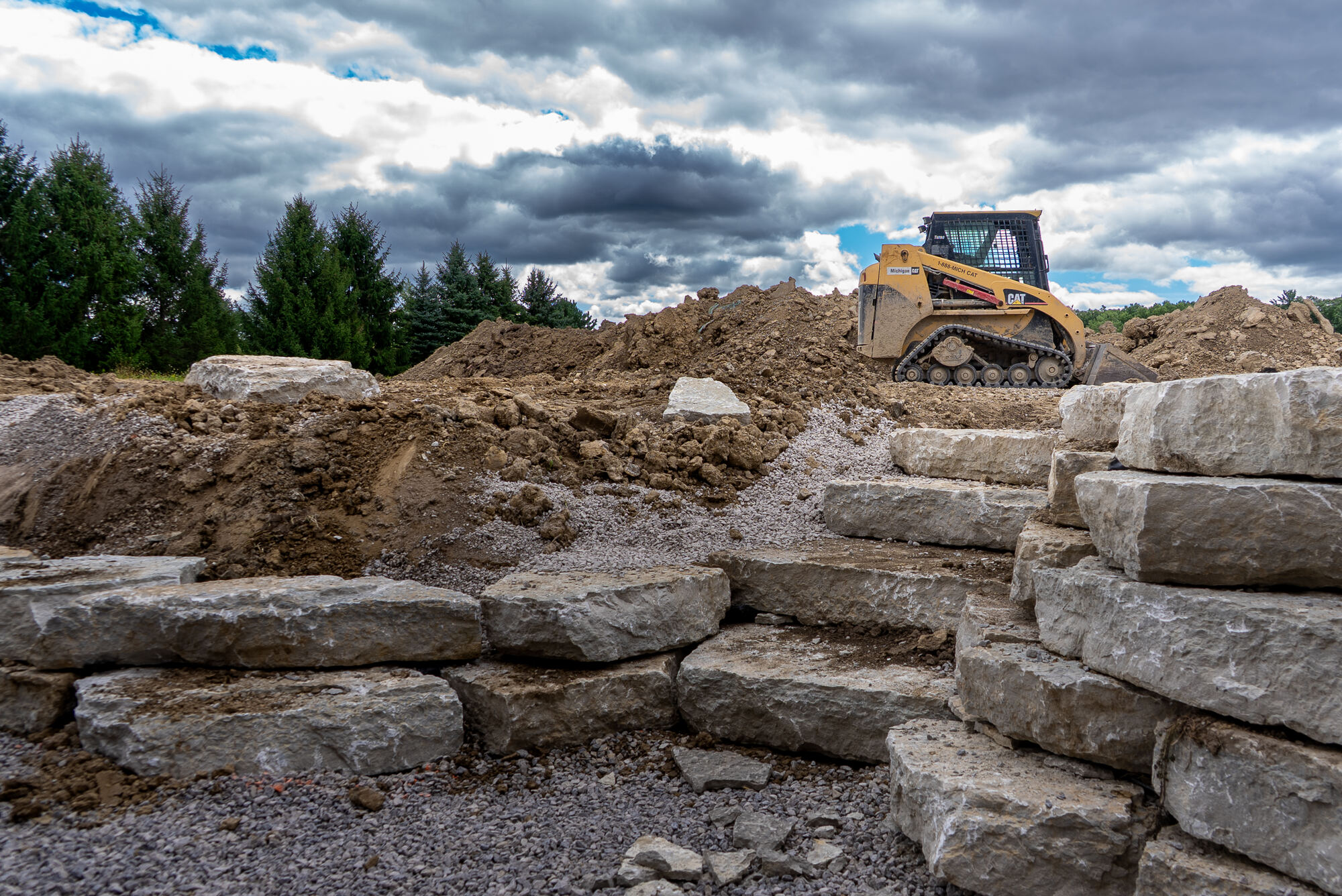 Finished stone stairway under a stormy sky, premium project showcase film