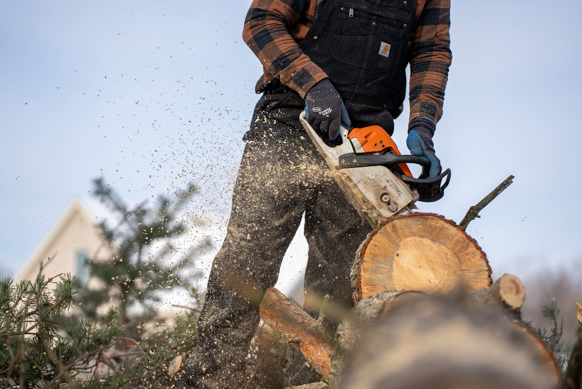 Chainsaw cutting through a log, sawdust flying, capturing a service business at work